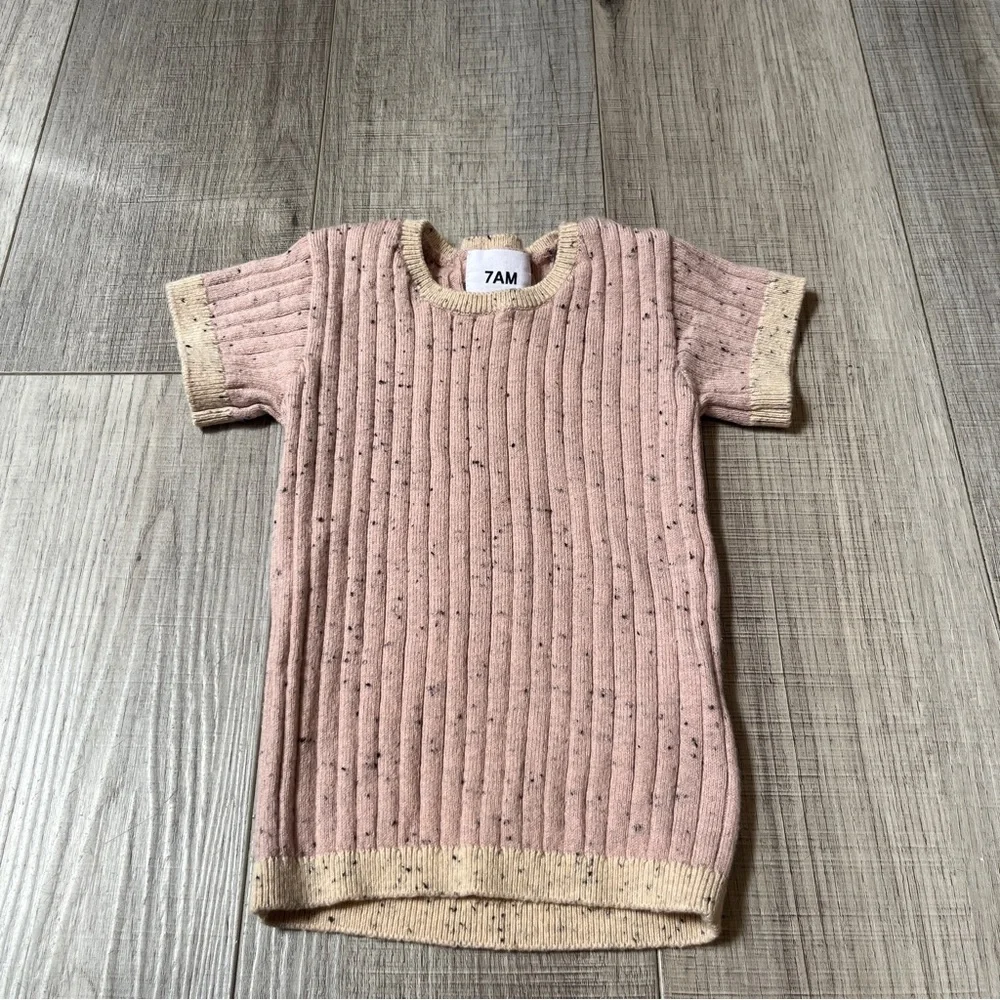 7 AM Grey Short Sleeve Top, Biker Shorts & Hat Set - Cozy Ribbed Knit 9-12 month